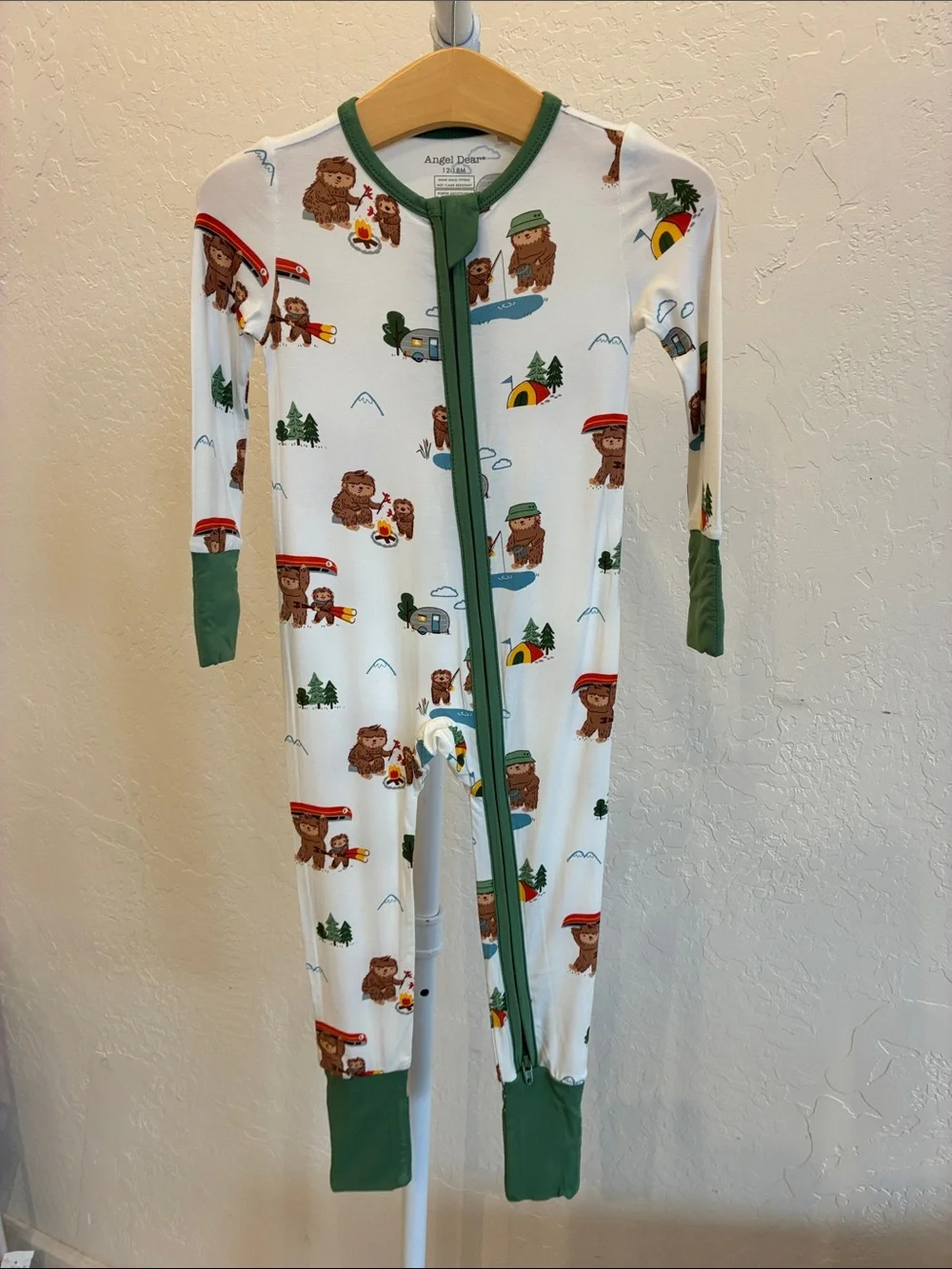 Angel Dear White, Green & Brown Bear Camping Footed One-Piece